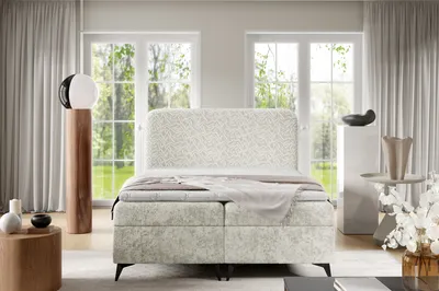 Image de Lit Boxspring FRANCIS avec coffre de lit Topper et matelas Bonell Lit rembourré en tissu chenille avec pieds de 13 cm Lit avec espace de rangement (blanc crème, 120x200 cm)