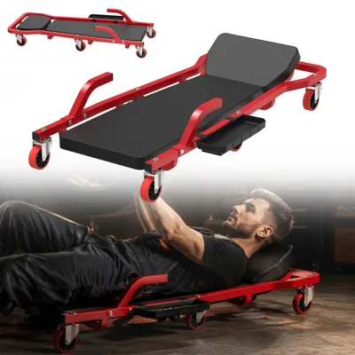 Produktbild von XMTECH Werkstattliege mit 6 Rollen, Kfz Rollbrett mit Werkzeugkasten, Kopfstütze, 150 kg