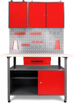 Produktbild von Ondis24 Metall Werkstatt Set 120 cm "Klaus" rot Werkbank + 2 Schränke LED Arbeitshöhe 85 cm abschließbar höhenverstellbare Füße Arbeitsplatte Holz Werkstatteinrichtung Packtisch Werktisch Werkstatttisch Montagewerkbank Hängeschrank Werkzeugschrank Werkstattschrank Werkzeugwand Werkstattwand Werkzeughalter Lochblech