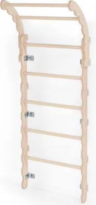 A wooden climbing frame mounted on a white wall.