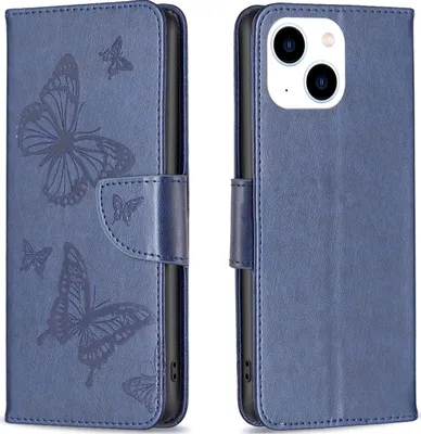 Produktbild von Mobigear Butterfly iPhone 15 Hülle Klapphülle Geldbörse - Blau