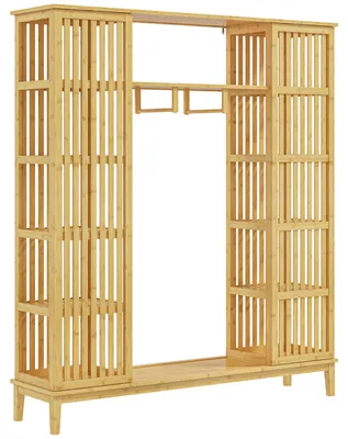 Produktbild von Offener Bambuskleiderschrank mit 2 Schiebetš¹ren, offenen Regalb?den und Kleiderstange, 145 x 35 x 165 cm