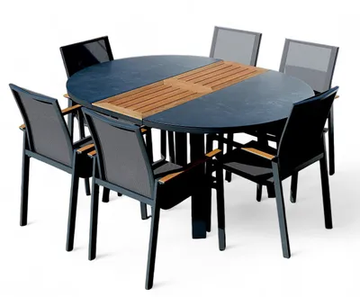 Produktbild von ALEOS. Gartengarnitur Gartenset Aluminium TEAK Set mit rundem Ausziehtisch 120cm auf 160cm ausziehbar + 6 Stapelstühle anthrazit Trinidad