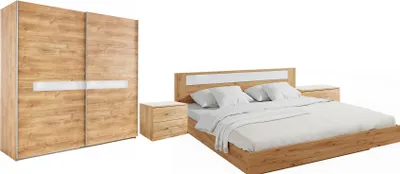 Produktbild von Schlafzimmer Set Pamela 4-teilig Schwebetürenschrank Bett 180x200cm Plankeneiche / Weißglas