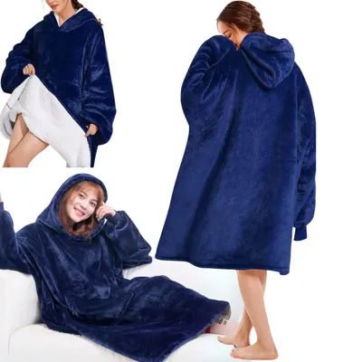 Collage of three images showing a navy blue hoodie blanket worn by models in different poses.