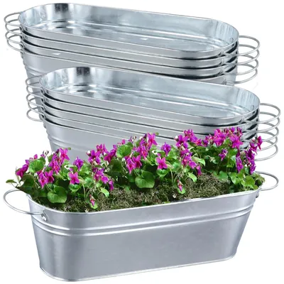 Image de Jardinières : lot de 10 pièces - Conteneurs pour plantes galvanisés - Jardinières en métal - Avec poignées - Argentées - 28x10x9,8 cm