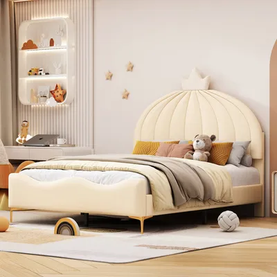 Produktbild von AIORBER Kinderbett, 140x200cm, Kürbiskopfteil-Design, Metallrahmen,Kunstleder-Stoff,pflegeleicht, mit fliegender Blende,Lattenrost,Polsterbett, Beige