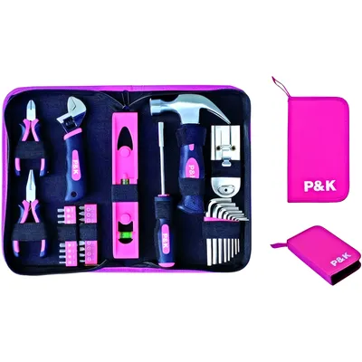 A pink tool kit laid out open, with tools neatly organized inside. Two smaller pink pouches with the P&K logo are shown to the right.
