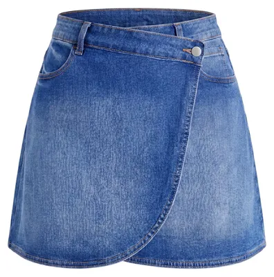Produktbild von Damen Wickelrock Minilänge Used-Look mit Knopfverschluss reguläre Passform blau Größe M