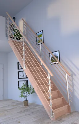 Zdjęcie produktu dla Drewniane schody Rhodos o prostej konstrukcji - bukowe balustrady - drewniane okrągłe pręty po obu stronach - z podstopnicami