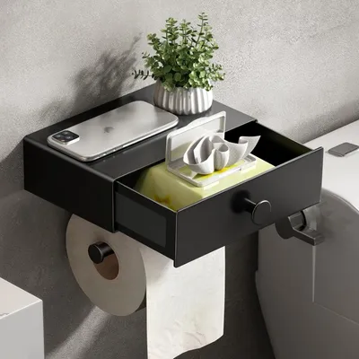 Produktbild von Toilettenpapierhalter Ohne Bohren, Klopapierhalter Mit Feuchttücherbox Klorollenhalter mit Schublade Ablage Papier Halterung für Wc & Bad-Wandhalterung(Matt-schwarz)