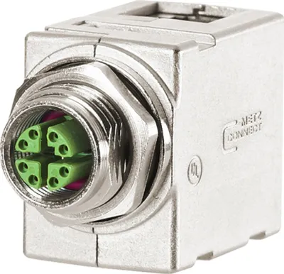 Produktbild von METZ CONNECT Schaltschrankdurchführung, X-kodiert, auf RJ45 - gewinkelt