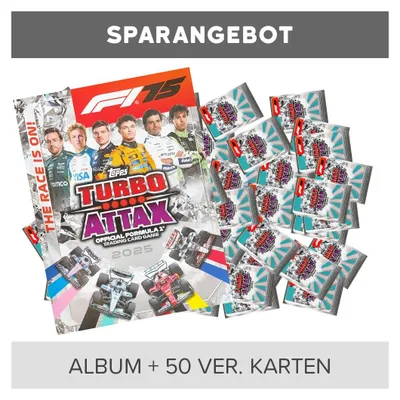 Obrázek produktu pro Topps – Turbo Attax Formule 1 2025 – Sběratelské kartičky – 1 prázdný sběratelský album + 50 různých náhodných karet