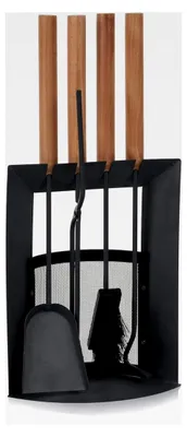 Produktbild von Kaminbesteck LIVERPOOL 5-teilig mit Ascheschaufel, Besen, Schürhaken, Kaminset und Halter, Ofenbesteck anthrazit mit Holzgriff