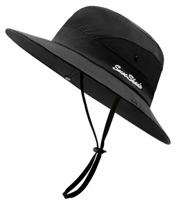 Immagine prodotto di Cappello da sole da donna, protezione UV, pieghevole, in rete, con passante per la coda di cavallo, tesa larga, colore nero, taglia unica
