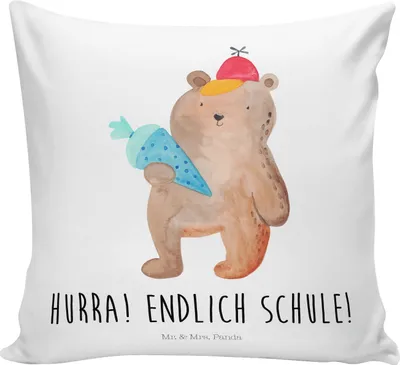 Produktbild von Mr. & Mrs. Panda Kissen 40x40 Bär Schultüte - Weiß - Geschenk, Schulanfang, Teddy, Couchkissen, Deko, Schulbeginn, bedruckt, Dekokissen, Sofa, Einschulung, Grundschule