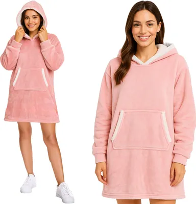 Produktbild von Ruhhy Hoodie-Decke Oversize tragbare Kuscheldecke mit Kapuze & Kängurutasche, Sherpa-Futter, warm & weich, One Size Rosa 26144