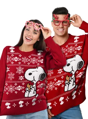 Produktbild von The Peanuts Winterpullover Uni - Snoopy Winter Strick Pullover Sweatshirt Ugly Sweater für Herren & Damen Rot XL