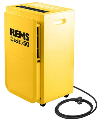 A yellow REMS Secco 50 dehumidifier on a white background.