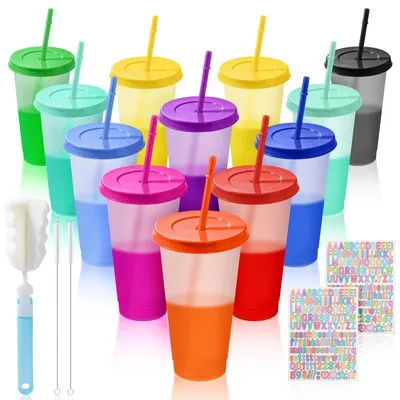 Productafbeelding van Solidchoice - 12 Stuks Drinkbekers met Deksel en Rietje, 710 ml