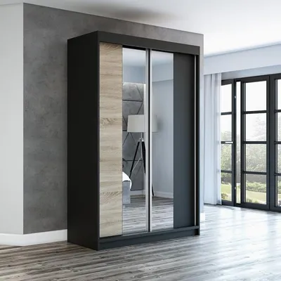 Produktbild von Schwebetürenschrank, 2-türig Schrank mit Spiegel! Moderne Garderobe für Kleidung. Verschiedene Farben (Weiß, Schwarz, Somona) Kleiderschrank NEO 120 cm