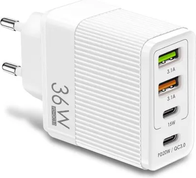 Obrázok produktu pre Univerzálna 4-portová nabíjačka – 2 USB a 2 USB-C – nabíjací blok – PD+QC – 35 W – rýchlonabíjačka – pre smartfóny a iné zariadenia – biela