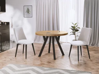 Produktbild von Designer Runder Ausziehbarer Esstisch - Loft-Stil, Industriell, Platzsparend - Schwarze Beine - 100 bis 200 cm - für 5-10 Personen - Hergestellt in EU - Wotan Eiche - 200 cm