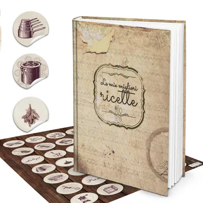 Produktbild von XXL HARDCOVER Italienisches Kochbuch zum Selberschreiben LE MIE MIGLIORI RICETTE + KOCHLÖFFEL Herz mit 164 leeren weißen blanko Seiten Rezeptbuch als Geschenk zum selbst schreiben mit Registermit Vintage-Sticker