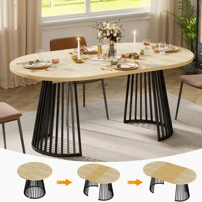 Produktbild von Runder Ausziehbarer Tisch für Esszimmer, 100-180cm 4-8 Personen, Esstisch Skandinavische Loft-Stil Saulengestell mit Rillenstruktu Metallbeinen