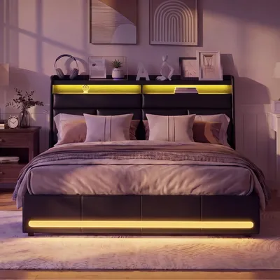 Obrázek produktu pro UnboxG čalouněná postel 160 x 200 cm, černá, s LED osvětlením a USB, postel s úložným prostorem a hydraulickým zvedáním, postel s policí v čele, umělá kůže, moderní manželská postel