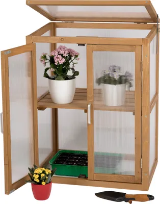 Produktbild von needs&wants® Mini Gewächshaus klein winterfest aus Holz für Balkon Garten Zimmer Indoor, Frühbeet Hochbeet Treibhaus Anzucht Aufzucht von Pflanzen Pflanzschrank Anzuchthaus, 56x43x76 cm, Polycarbonat, braun