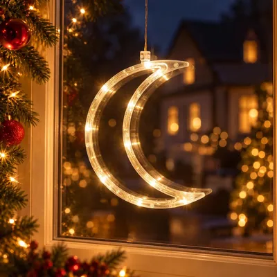 Image de Guirlande lumineuse LED pour fenêtre, avec ventouse, idéale pour décorer les fenêtres intérieures, parfaite pour les décorations de Noël, fonctionne sur piles, motif lune