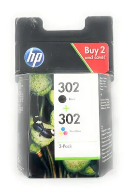 A product package for HP 302 printer ink cartridges.