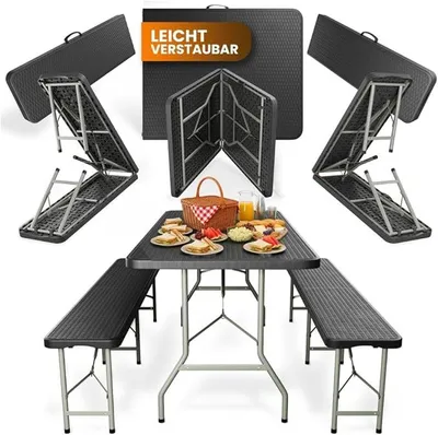 Produktbild von Bierzeltgarnitur Klappbar 3-teilig – Kunststoff Biertischgarnitur Tisch & 2 Bänke – Campingtisch, Festzeltgarnitur, Rattan-Optik, Wetterfest, Tragegriff, 500 kg je Bank