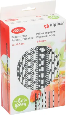 Zdjęcie produktu dla Papierowe słomki do napojów, 200 sztuk, zestaw wzorów