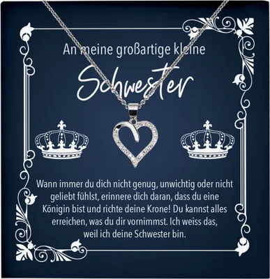 Produktbild von 22Feels Echt Silber Halskette - An Meine Kleine Schwester Geschenk Geburtstag Silber Schmuck Set für Frauen und Mädchen - Herz Anhänger, Karte