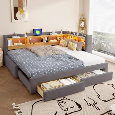 Productafbeelding van Slaapbank 90x200 cm, met LED-verlichting, met lades, met opbergruimte, met uitschuifbed, geschikt voor kinderkamers en tienerkamers, beige