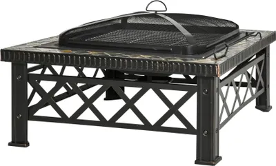 Image de Brasero 3-en-1 avec pare-étincelles, grille de cuisson et seau à glace pour barbecue de jardin, noir, 76 x 76 x 47 cm