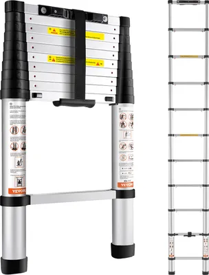 A VEVOR telescopic ladder shown in both a partially extended and a fully extended state.