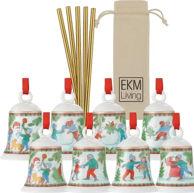 Immagine prodotto di Set: 8× Hutschenreuther Weihnachtsglocke 2025 „Weihnachtsspiele“ + Edelstahl Trinkhalme Kupfer 4er Set (gratis) | Sonderedition