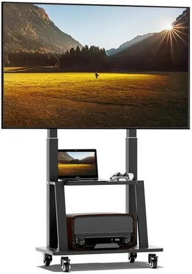 Image de Support TV mobile Unyqoos®, réglable en hauteur de 142 à 165 cm, pour téléviseurs de 32 à 75 pouces, structure métallique, capacité de charge de 130 kg, compatible VESA 100x100 à 600x400, roulettes pivotantes à 360° avec frein