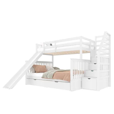 A white bunk bed with a slide and stairs, set against a white background.