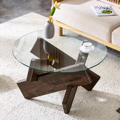 Image de OKWISH Table Basse Ronde 79cm - Surface en Verre Trempé et Pieds en Bois Noyer, Design Moderne pour Salon