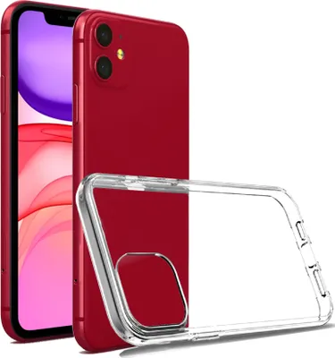 A red iPhone 11 with a clear protective case.