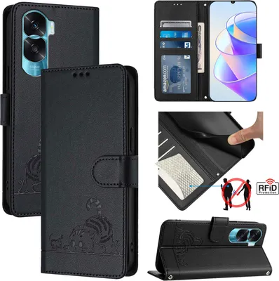 Produktbild von Leder Hülle für Honor 90 Lite Süße Katze Flip Case Brieftasche Schutzhülle mit Standfunktion Schwarz