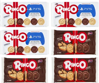 Produktbild von 3x Pavesi Kekse Ringo 330g Kuchen mit Vanille 6 snack cookies riegel + 3x Pavesi Ringo Cacao Kakao 6 snack 330g