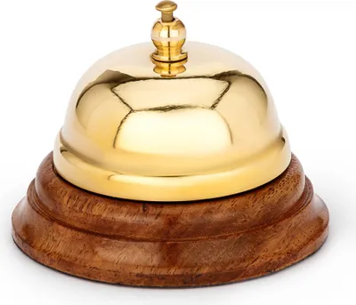 Produktbild von Maritim Tresenglocke aus Messing massiv gold mit Holzsockel 8x6cm Tischklingel