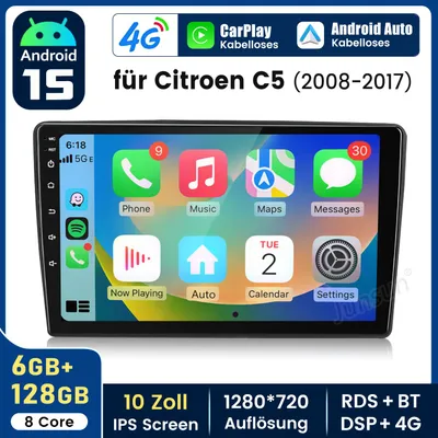Image de Autoradio Android 15 de 10 pouces, 6+128 Go, compatible Carplay, pour Citroen C5 (2008-2017), avec GPS, navigation, Wi-Fi, Bluetooth, 4G, DAB+, USB,au volant (SWC), RDS et DSP, processeur 8 cœurs