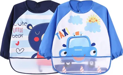 Produktbild von 2 Pack Wasserdicht Ärmellätzchen abwaschbar latz mit ärmel lätzchen mit auffangschale Ärmellätzchen mit Nässeschutz - Essen und Play Smock Schürze für Kleinkinder für 6-36 Monate Kinder