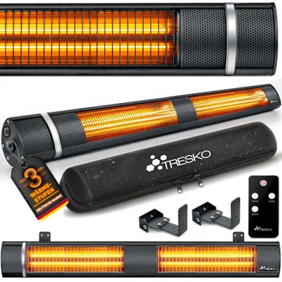 Immagine prodotto di Riscaldatore a infrarossi TRESKO da 3000W con telecomando | Riscaldatore elettrico per terrazza con 3 livelli di riscaldamento | Riscaldatore per interni ed esterni | Riscaldatore a infrarossi da parete, riscaldatore al quarzo, riscaldatore per fasciatoi, colore antracite